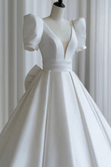 A-Line V-Neck Satin Wedding Dresses, White Short Sleeve Bridal Gown with Bow