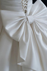 A-Line V-Neck Satin Wedding Dresses, White Short Sleeve Bridal Gown with Bow