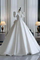 A-Line V-Neck Satin Wedding Dresses, White Short Sleeve Bridal Gown with Bow