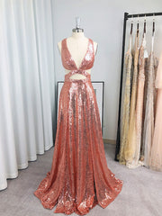 A-line V-neck Sequin Floor-Length Sequins Dresses