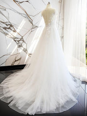 A-line V-neck Short Sleeves Hand-Made Flower Court Train Tulle Wedding Dresses