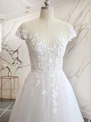 A-line V-neck Short Sleeves Hand-Made Flower Court Train Tulle Wedding Dresses