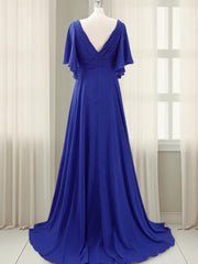 A-line V-neck Short Sleeves Pleated Sweep Train Chiffon Mother of the Bride Dresses