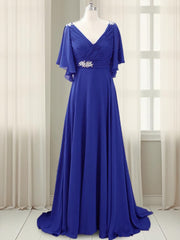 A-line V-neck Short Sleeves Pleated Sweep Train Chiffon Mother of the Bride Dresses