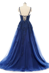 A-line V-neck Spaghetti strap Floor-length Sleeveless Backless Appliques Lace Elegant Prom Dresses