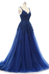 A-line V-neck Spaghetti strap Floor-length Sleeveless Backless Appliques Lace Elegant Prom Dresses