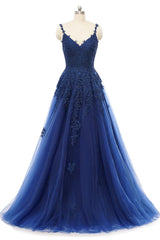 A-line V-neck Spaghetti strap Floor-length Sleeveless Backless Appliques Lace Elegant Prom Dresses