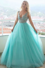 A-line V neck Tulle Lace Long Prom Dress Evening Dress