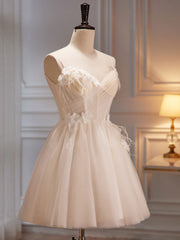 A-Line V Neck Tulle Light Champagne Short Prom Dresses, Champagne Homecoming Dresses