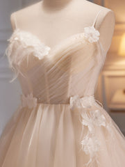 A-Line V Neck Tulle Light Champagne Short Prom Dresses, Champagne Homecoming Dresses