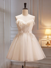 A-Line V Neck Tulle Light Champagne Short Prom Dresses, Champagne Homecoming Dresses