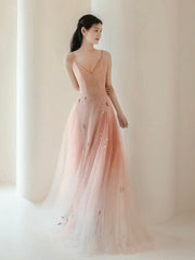 A-Line V Neck Tulle Pink Long Prom Dresses, Pink Tulle Long Evening Dresses