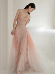 A-Line V Neck Tulle Pink Long Prom Dresses, Pink Tulle Long Evening Dresses