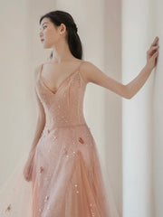 A-Line V Neck Tulle Pink Long Prom Dresses, Pink Tulle Long Evening Dresses