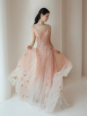 A-Line V Neck Tulle Pink Long Prom Dresses, Pink Tulle Long Evening Dresses