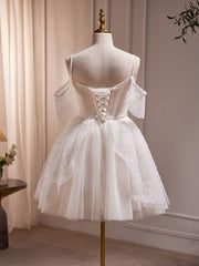 A-Line V Neck Tulle Short Beige Prom Dresses, Cute Beige Homecoming Dresses