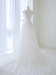 A-Line V Neck White Tulle Long Wedding Dresses with Bow