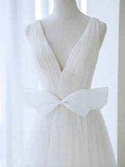 A-Line V Neck White Tulle Long Wedding Dresses with Bow