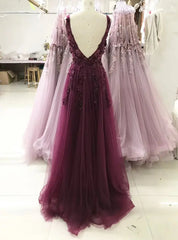 A-line V-neckline Flowers Tulle  Evening Dresses Prom Dresses, Long Wedding Party Dresses