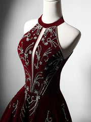 A-Line Velvet Sequin Beads Burgundy Long Prom Dresses, Burgundy Long Formal Dresses