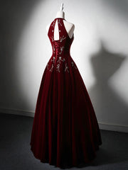 A-Line Velvet Sequin Beads Burgundy Long Prom Dresses, Burgundy Long Formal Dresses