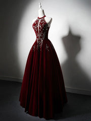 A-Line Velvet Sequin Beads Burgundy Long Prom Dresses, Burgundy Long Formal Dresses