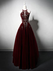 A-Line Velvet Sequin Beads Burgundy Long Prom Dresses, Burgundy Long Formal Dresses