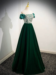 A-Line Velvet Sequin Beads Green Long Prom Dresses, Green Velvet Long Formal Dresses