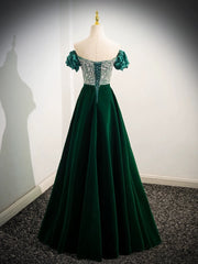 A-Line Velvet Sequin Beads Green Long Prom Dresses, Velvet Green Long Formal Dresses