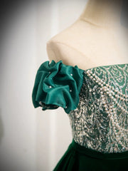 A-Line Velvet Sequin Beads Green Long Prom Dresses, Velvet Green Long Formal Dresses