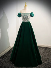 A-Line Velvet Sequin Beads Green Long Prom Dresses, Velvet Green Long Formal Dresses