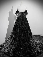 A-Line Velvet Sequin Long Black Prom Dresses, Black Long Evening Dresses