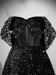 A-Line Velvet Sequin Long Black Prom Dresses, Black Long Evening Dresses