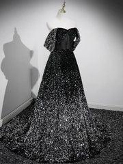 A-Line Velvet Sequin Long Black Prom Dresses, Black Long Evening Dresses