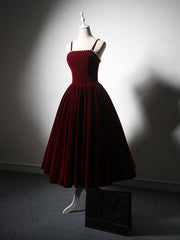 A-Line Velvet Tea Length Burgundy Prom Dresses, Burgundy Cocktail Dresses