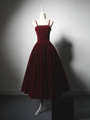 A-Line Velvet Tea Length Burgundy Prom Dresses, Burgundy Cocktail Dresses