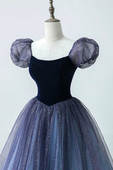 A-Line Velvet Tulle Long Prom Dresses, Cute Short Sleeve Evening Party Dresses