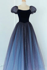 A-Line Velvet Tulle Long Prom Dresses, Cute Short Sleeve Evening Party Dresses