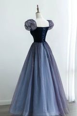 A-Line Velvet Tulle Long Prom Dresses, Cute Short Sleeve Evening Party Dresses