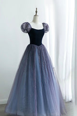 A-Line Velvet Tulle Long Prom Dresses, Cute Short Sleeve Evening Party Dresses