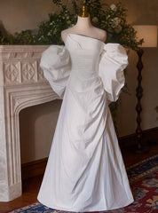 A-line White Pleats Long Wedding Dresses