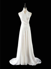 A-Line White Satin Halter Backless Wedding Dresses