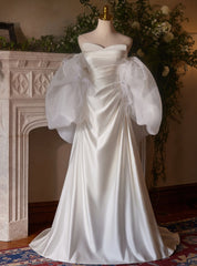 A-line White Satin Pleats Wedding Dresses