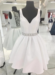 A-Line White Satin V-neck Beading Homecoming Dress