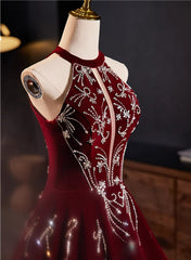 A-Line Wine Red Velvet Beaded Party Dresses, Wine Red Long Prom Dresses