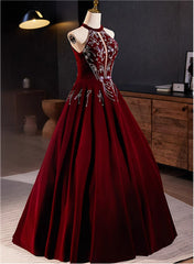 A-Line Wine Red Velvet Beaded Party Dresses, Wine Red Long Prom Dresses