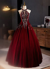 A-Line Wine Red Velvet Beaded Party Dresses, Wine Red Long Prom Dresses