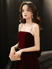 A-line Wine Red Velvet Straps Long Party Dresses, Wine Red Velvet Prom Dresses