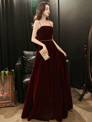 A-line Wine Red Velvet Straps Long Party Dresses, Wine Red Velvet Prom Dresses