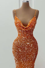 Orange V-Neck Spaghetti-Straps Mermaid Long Prom Dress With Sequins